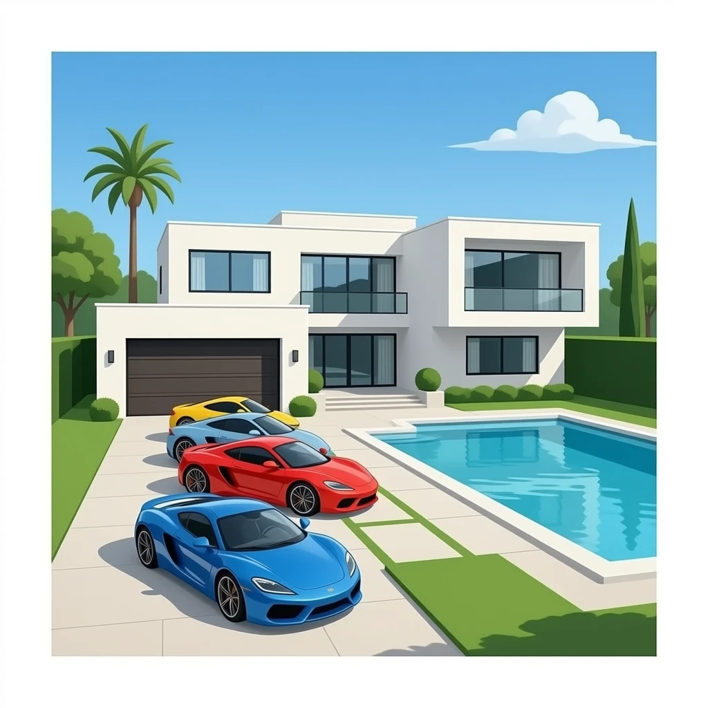 Giga modern house with five sport cars and big pool emoji