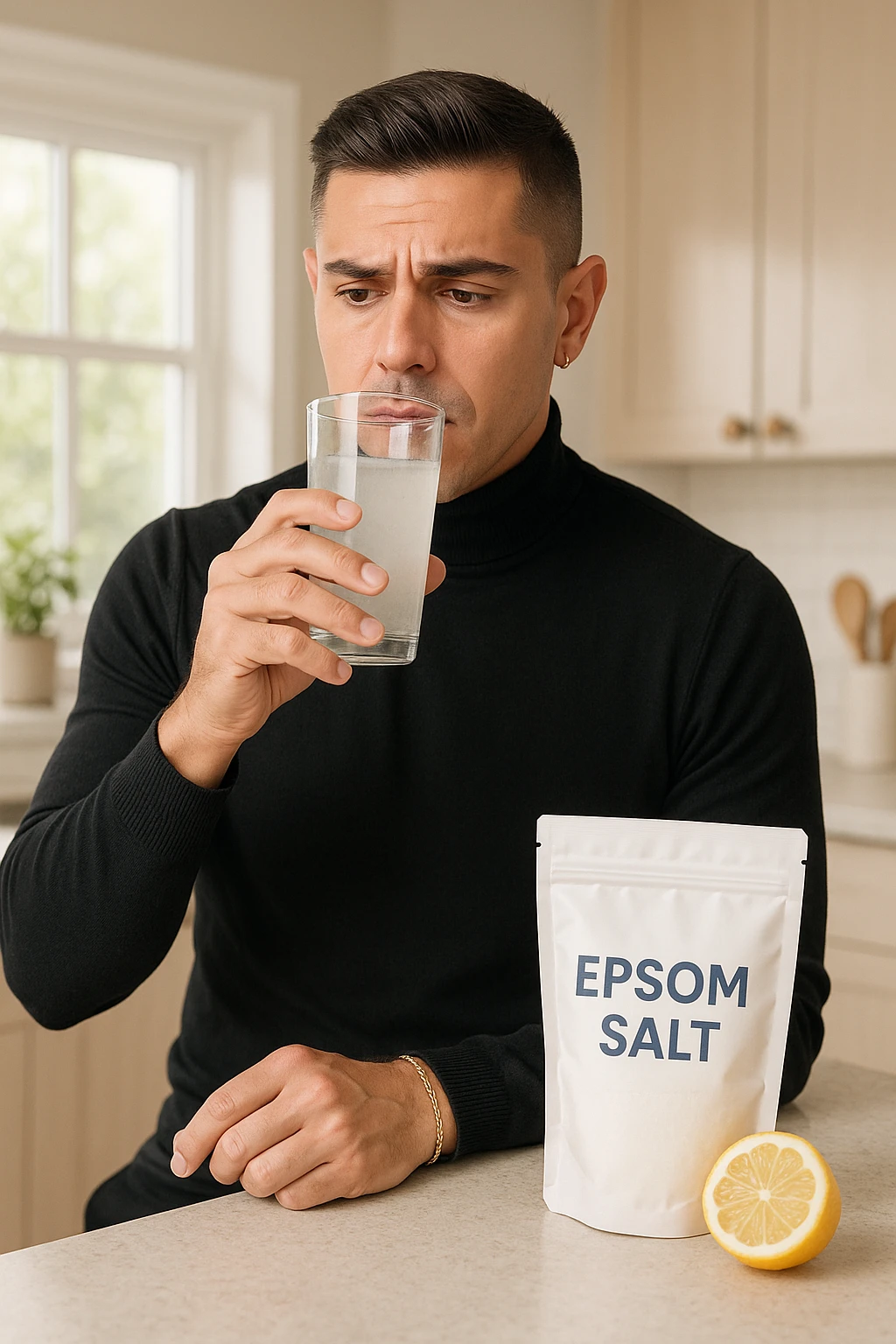 A realistic, bright photo-style image of a young man in his 30s standing in his kitchen, holding a clear glass filled with water in which Epsom salt (magnesium sulfate) has been dissolved. He looks focused but slightly uncertain as he prepares to drink it for a liver flush or digestive cleanse. The glass shows slight cloudiness from the dissolved salt. On the counter are a packet labeled 'Epsom Salt' and a sliced lemon, suggesting he might use it to mask the taste. The setting is clean, natural, and bright with neutral tones. The background shows sunlight streaming through a window, emphasizing a clean, minimalist health-focused environment. The mood conveys a realistic, calm moment of self-care with a hint of discomfort, illustrating a natural detox practice emoji