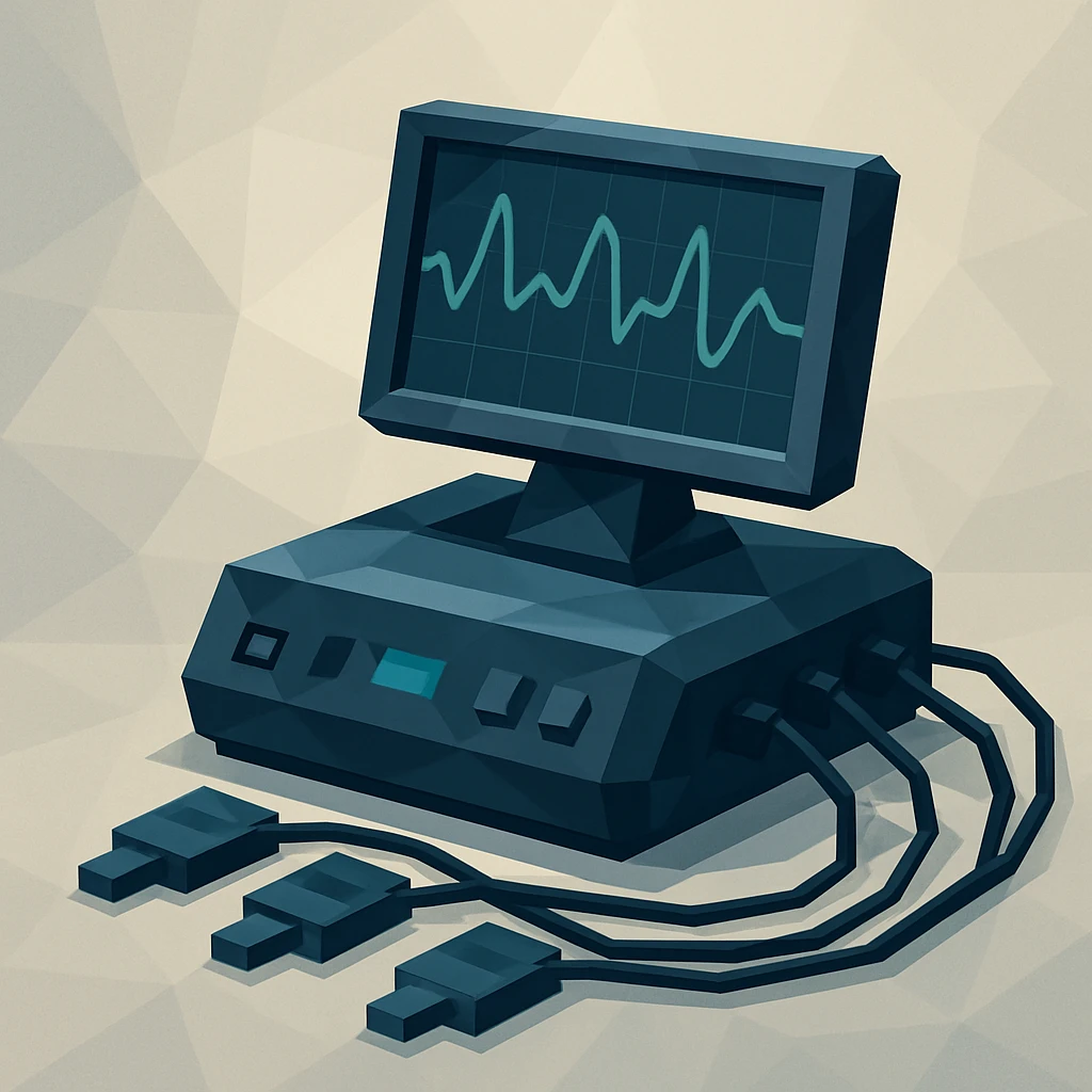 a modern polygraph machine, sleek and high-tech, with digital screens and sensors, in a contemporary polygonal illustration style emoji