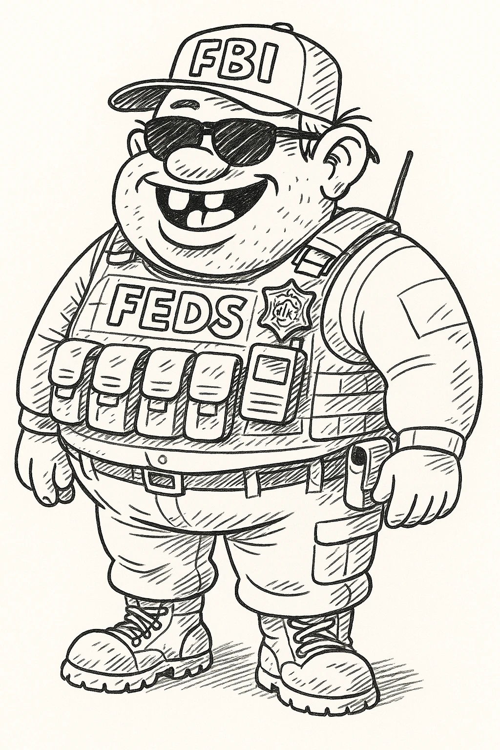 Add dark sunglasses and a shiny badge to the chubby federal agent. Keep the tight vest, tactical gear, exaggerated buck teeth, and goofy hillbilly vibe. emoji