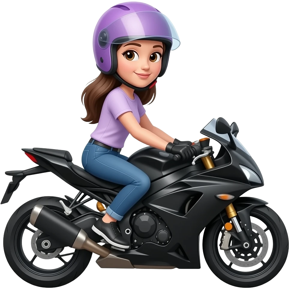 Mujer morena de cabello lacio largo con casco color lila ven moto negra emoji