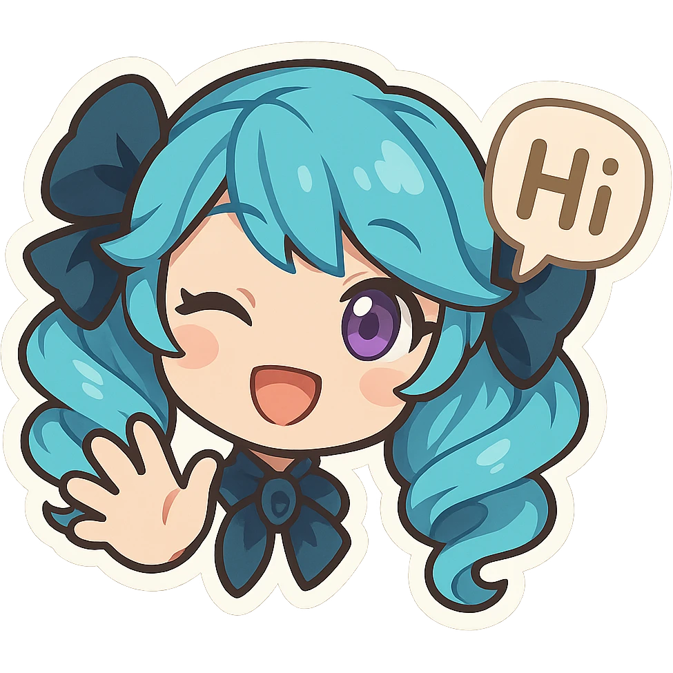 Gwen from League of Legends, hi emote, chibi style, only head, right eye purple, waving hand, sample 2 emoji