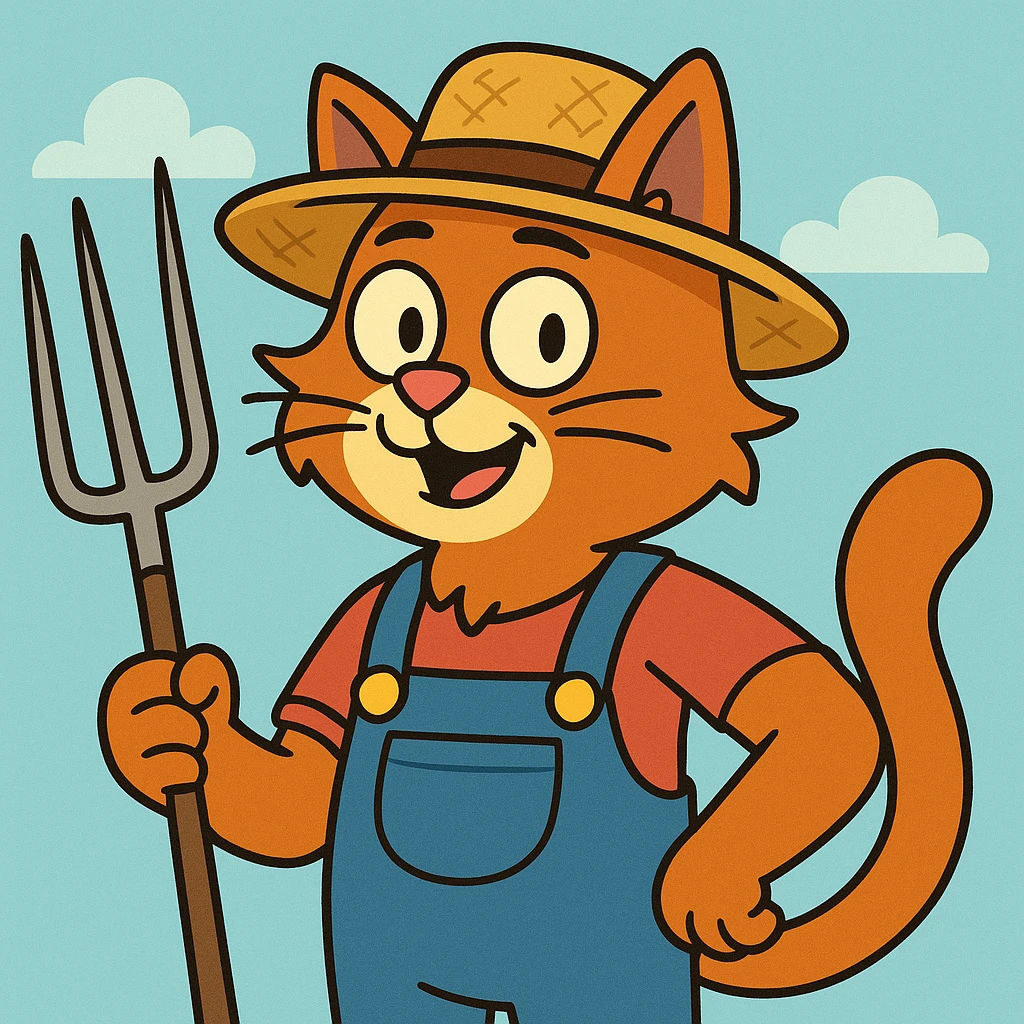 cartoon style farm cat with a pitchfork and straw hat, vibrant colors emoji