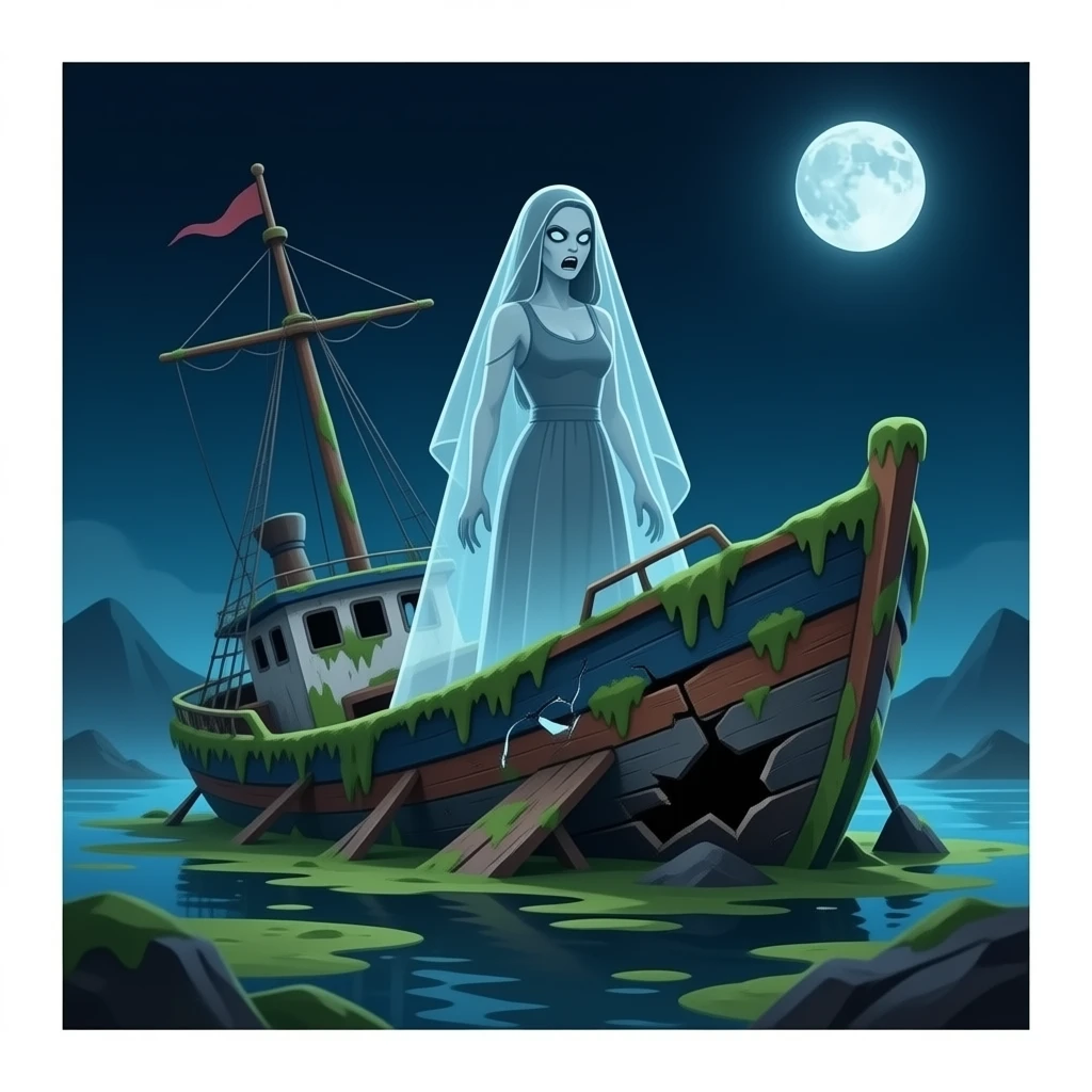 cinematic realistic - a broken boat with a terrifying female apparition around which a transparent veil flutters hovers over a wrecked ship covered in algae emoji