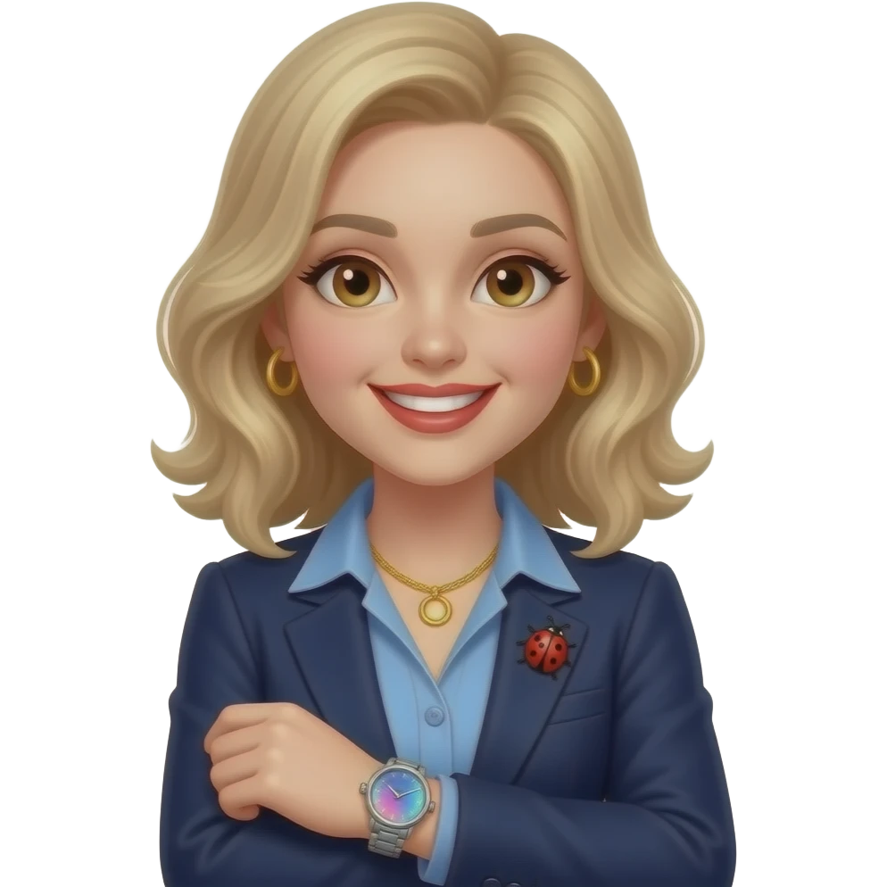 very whiteskin + lightly-wavy-blonde-hair-+-big-light-brown-eyes-with-spark-+-happy-teeth-smile-+--gold-color-necklace and circle earring-+-armwatch-with-blue&pink-hologram-dial-and-silver-band-+-red-lipstick-+-dark blue-blazer and shirt with ladybug brosch on shirt 2nd button  (2) emoji