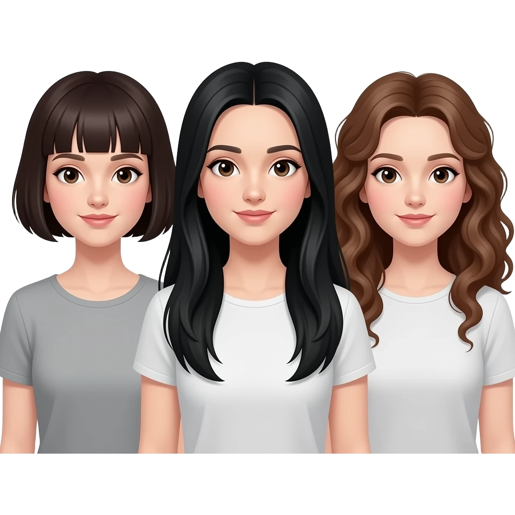 3 sisters one short dark hair one super long black hair one long curly hair curly hair white dark curly hair white skin tone curly head with white skin emoji