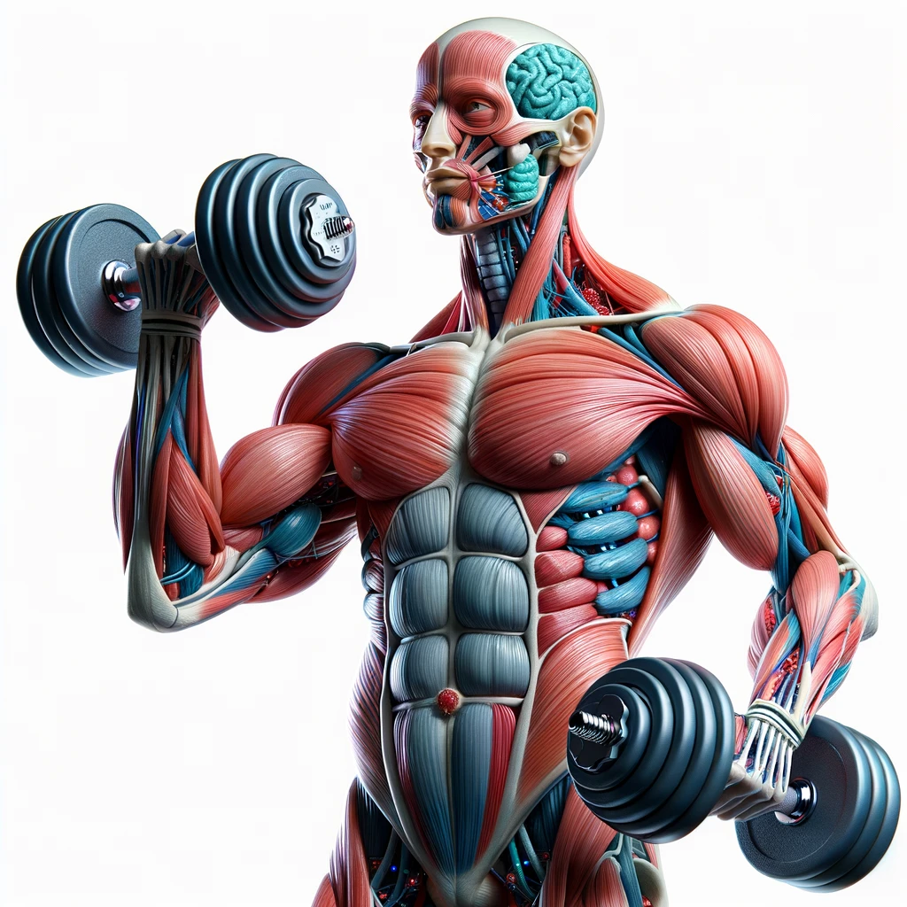 corpo umano anatomico con manubri da palestra in mano, iperrealistico 4k, isolato su sfondo bianco emoji