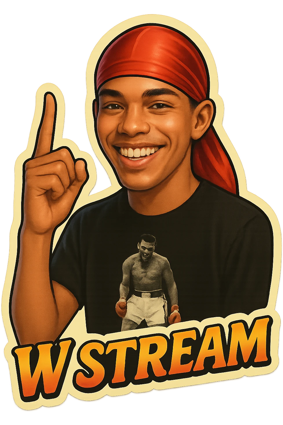 Make him Smiling 
woo Finger signak
Change His durag To Red
Add the words W Stream emoji