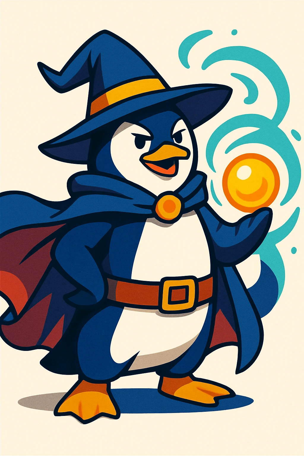 a heroic penguin wizard with a flowing cape, holding a glowing orb, in a fantasy-inspired style emoji