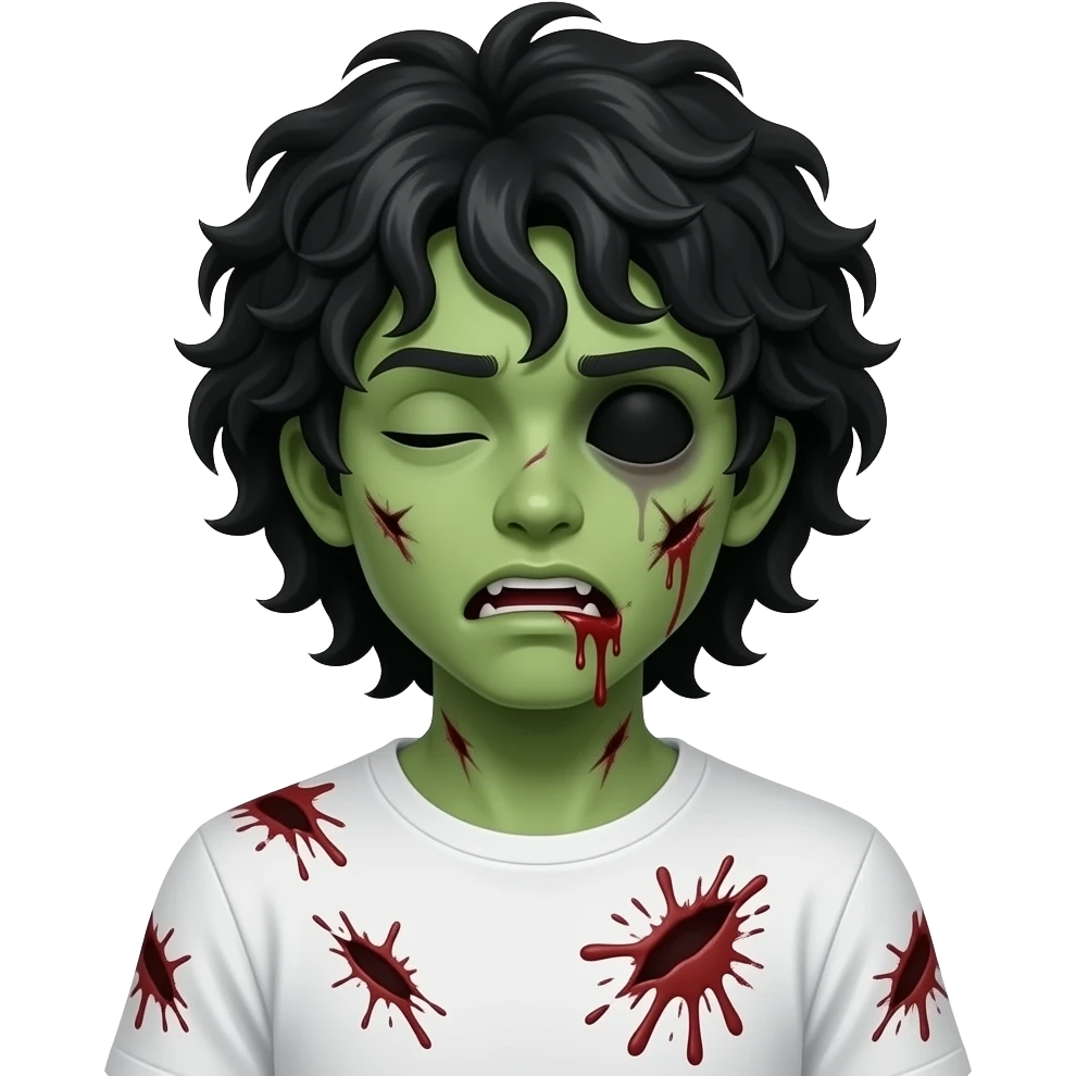 low quality, green skin zombie, black long curly 3c type hair, mouth slightly open with blood leaking out of mouth, wounds and on zombie, white regular tee shirt, a young teenager, no wrinkles on face at all, eyes blacked out all the way with one eye shut, a ton of blood cuts on shirt, one eye shut emoji