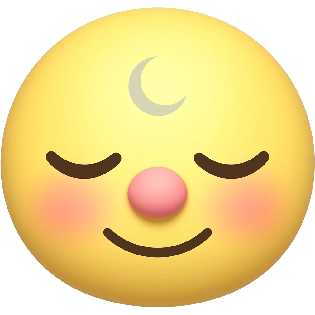 Gelber Emoji mit kleinen Mund süssen Augen, die geschlossen sind und rosa Blush die über die Nase geht so richtig viel aber schön hell rosa und der Mond ist ein bisschen höher bei dem Augen. emoji