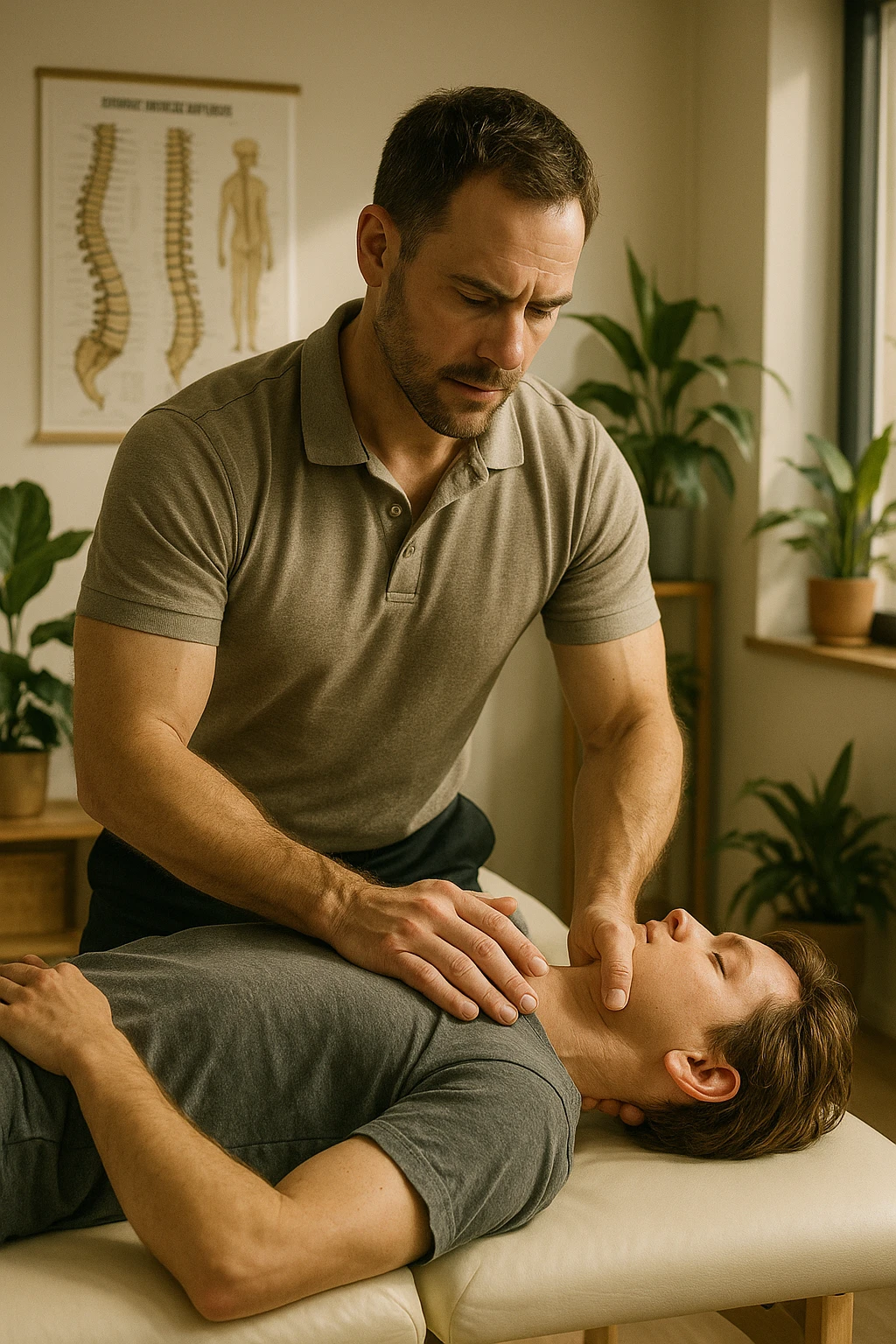 A realistic, cinematic illustration of a professional osteopath in his late 30s, wearing a fitted polo shirt in a neutral color, performing gentle manual manipulations on a patient to improve posture. The osteopath uses precise hand placement along the patient's upper back and cervical spine while the patient lies on a comfortable treatment table in a bright, modern clinic. Anatomical posters showing the spine and posture alignment are on the wall, and the room has warm, natural lighting with plants for a calming atmosphere. The scene emphasizes hands-on osteopathic care to restore body alignment, spinal mobility, and posture, showcasing trust, professionalism, and holistic care emoji