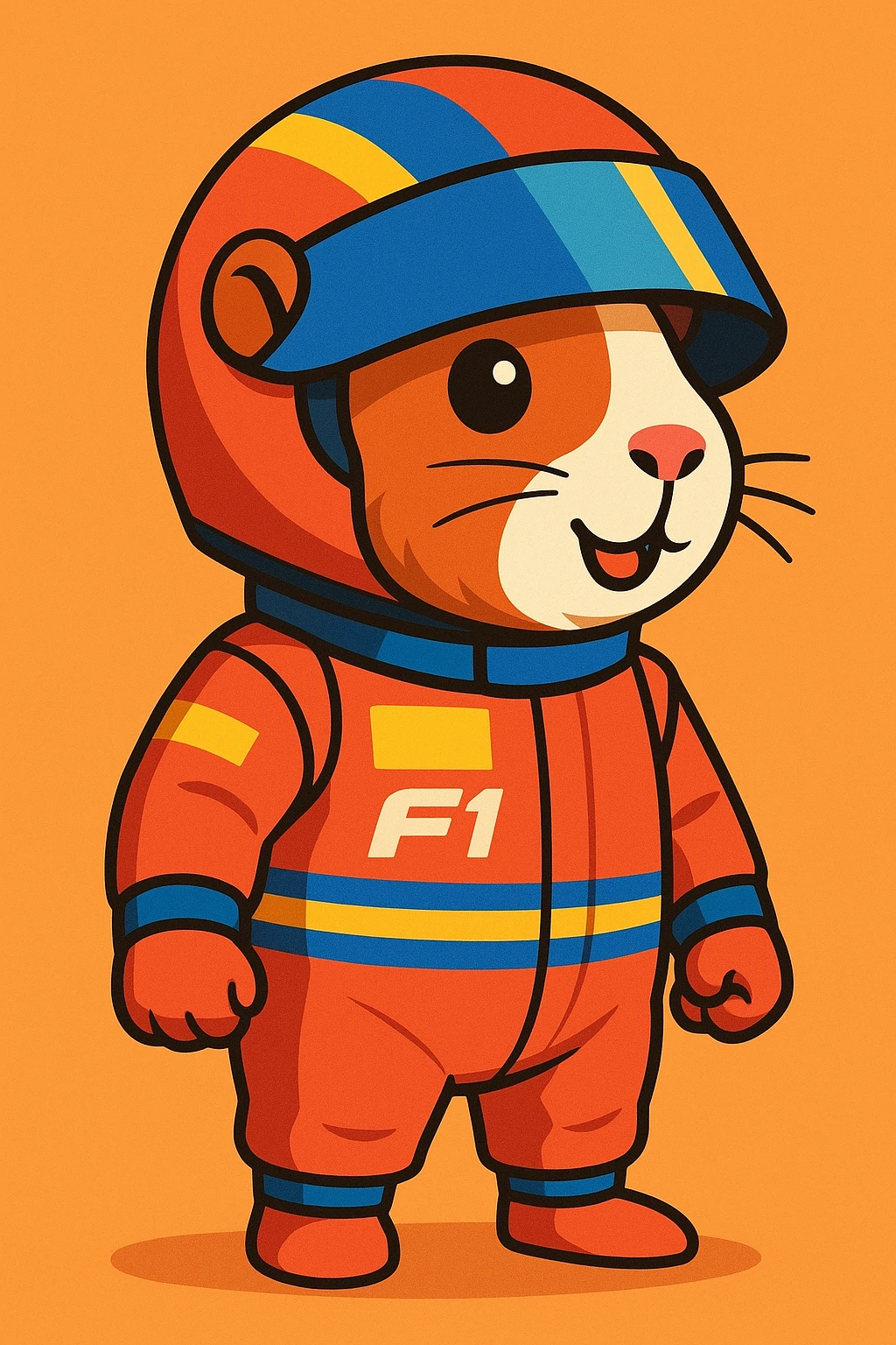 detailed cartoon of a guinea pig in a Formula 1 racing suit and helmet, full body emoji