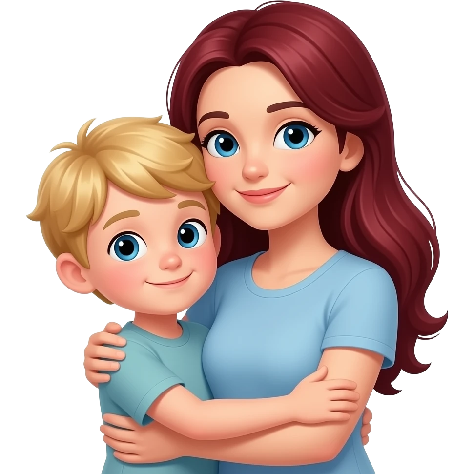 Blonde 8 year old boy hugging mom mom has dark red black hair and mom has home clothes and boy has home clothes mom with long dark red black hair emoji