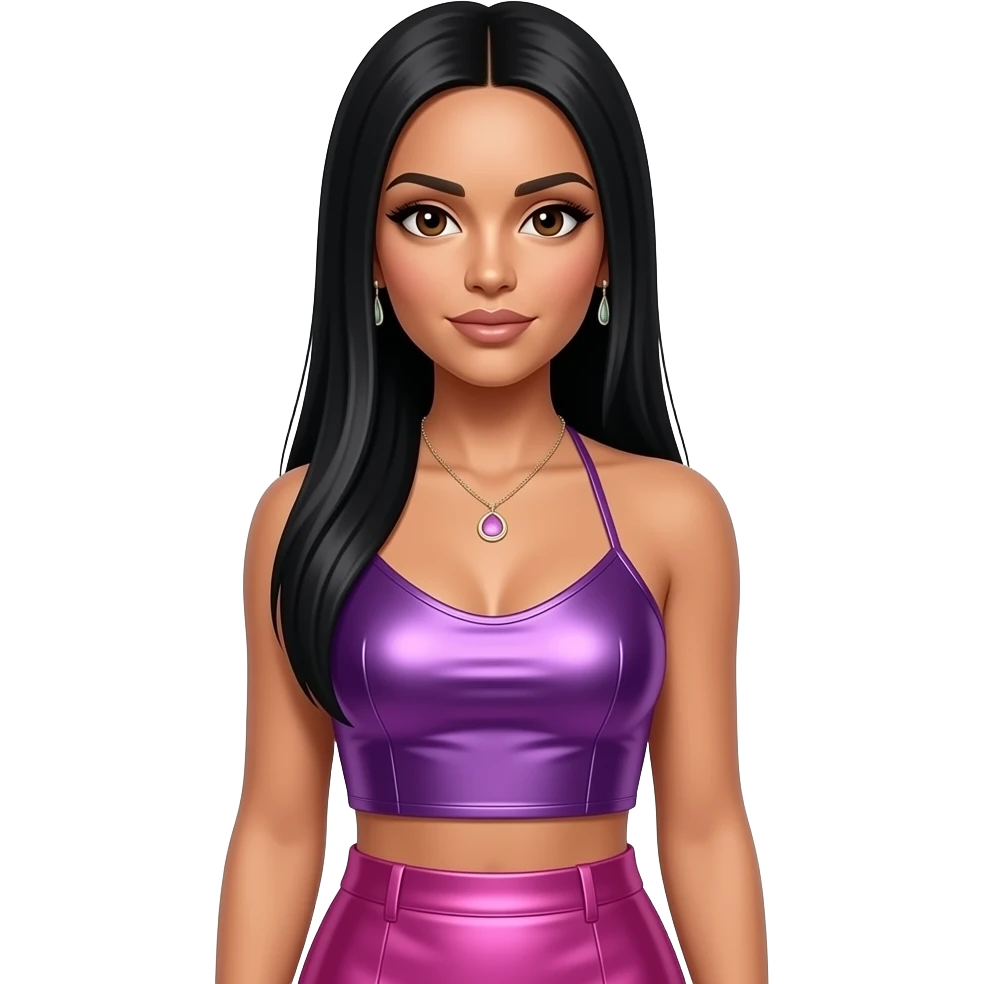 Nicole Scherzinger with dark brown eyes, long black straight hair, purple metallic halter crop top, pink metallic skirt, necklace and earrings emoji