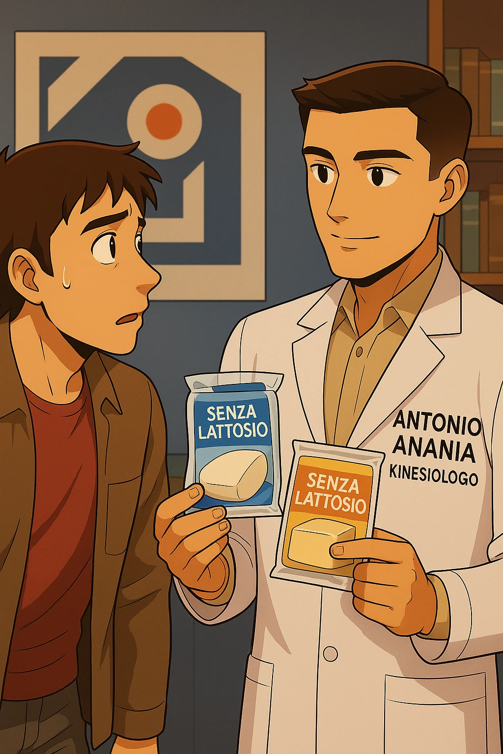 fai un webtoon manga a colori con questo stile, in cui un uomo ASCOLTA Il kinesiologo con il camice bianco (fagli anche la scritta "ANTONIO ANANIA" SUL CAMICE, IL KINESIOLOGO SPIEGA ALL'UOMO UNA MOSTRANDO VARI PRODOTTI DA SUPERMERCATO CONFEZIONATI (TIPO SCATOLA DI LATTE, MOZZARELLE CONFEZIONATE, FORMAGGIO CONFEZIONATO), OGNI CONFEZIONE HA LA SCRITTA "SENZA LATTOSIO SULL'ETICHETTA. L'UOMO OSSERVA IL KINESIOLOGO CON ESPRESSIONE CONFUSA IN VOLTO. non fare i fumetti però, fai solo in modo che sembri stiano parlando emoji
