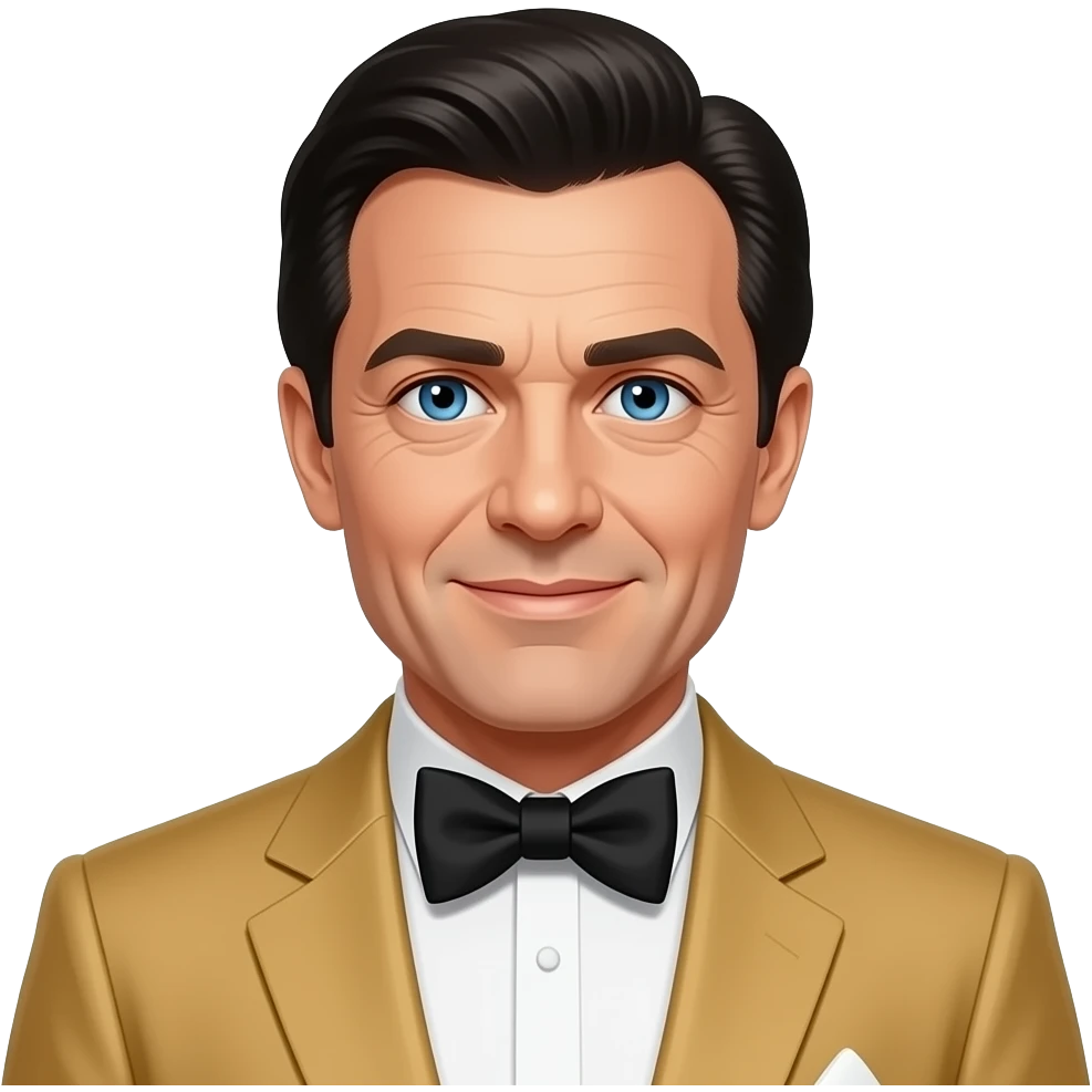Oliver Reed with blue eyes, black hair, golden tan oscars suit with bow tie emoji