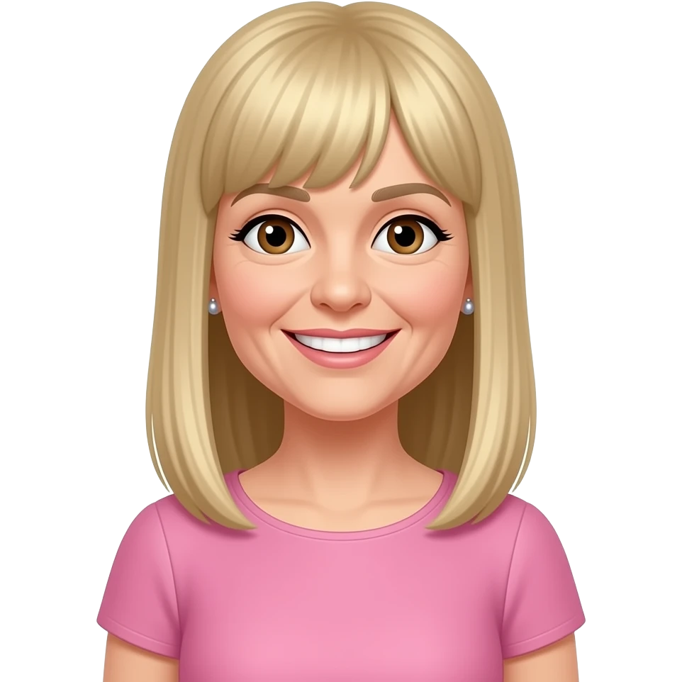 female, 50's blonde straight long hair, straight fringe, earrings, brown eyes, pink dress, smile with teeth emoji