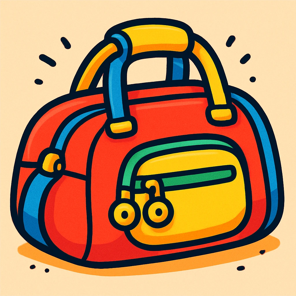 playful cartoon style gym bag, bright colors, bold outlines emoji