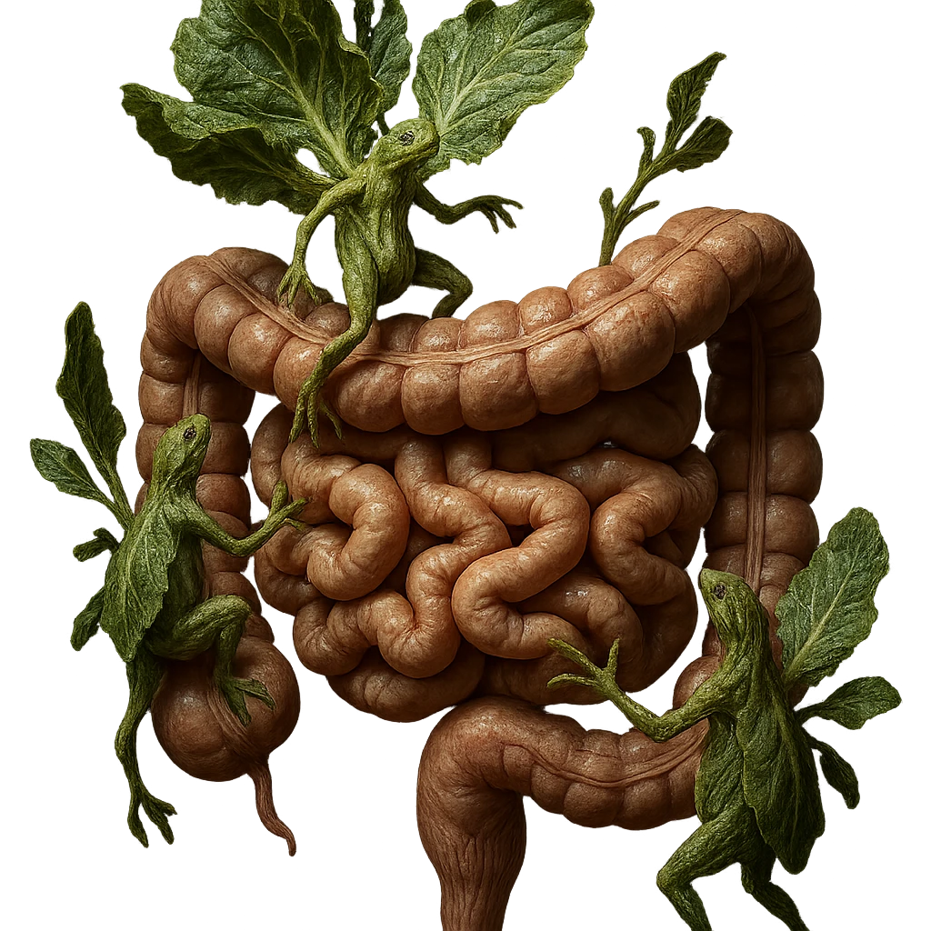 Ultra-realistic 4K illustration: stylized lettuce leaves depicted as plant-like creatures interacting with a human anatomical model of the intestine. The scene is surreal and scientific, with organic textures, refined biological details, dramatic lighting, and a bio-fantasy photorealistic style emoji