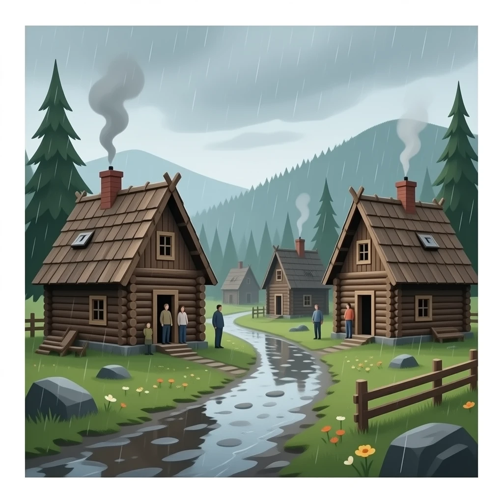 un poble travallan i cubrinse les cases amb fusta i que surtin persones emoji