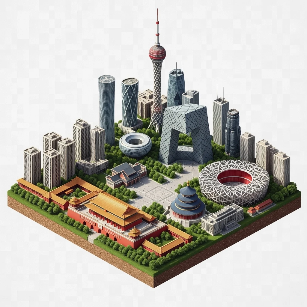Isometric miniature of Beijing Forbidden City, Tiananmen Square, CCTV Headquarters, Temple of Heaven, China Zun tower, Bird’s Nest Stadium, Beijing apartment blocks, 3D miniature effect and Tilt Shift effect, no cartoonish look, transparent background, don't cut angles emoji