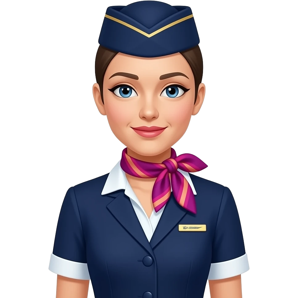 Breeze Airways female flight attendant navy blue outfit with a hint of #FF527B on the scarf emoji