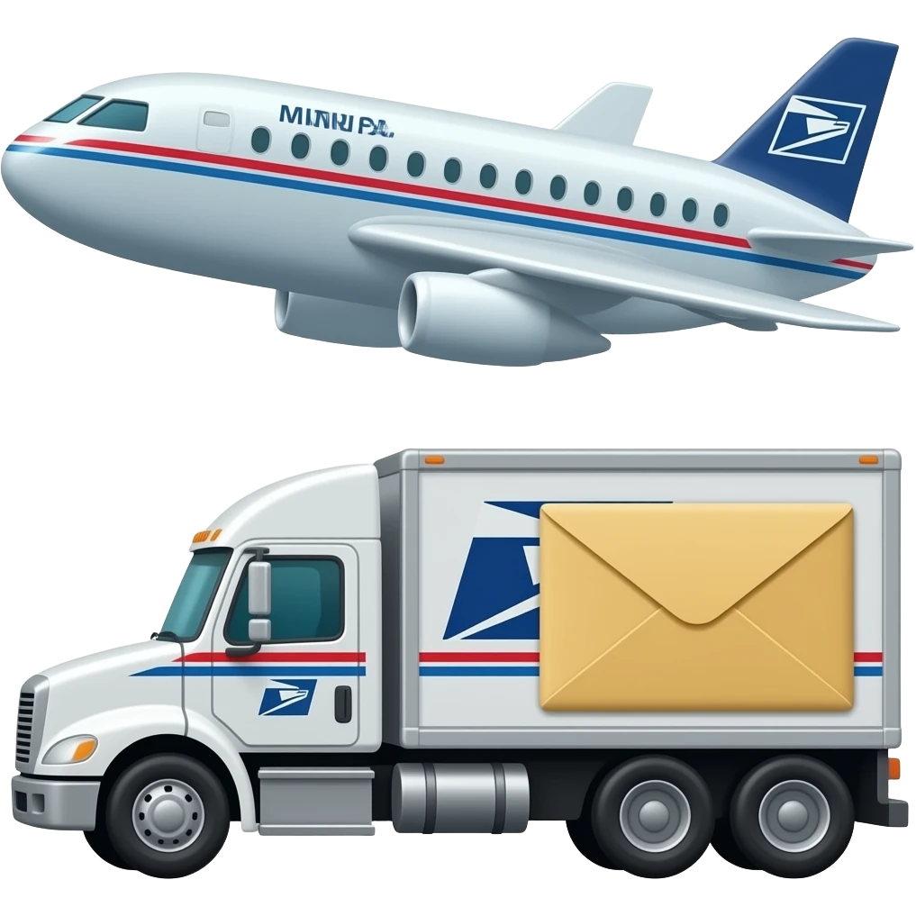 Mail plane, mail semi truck, and mail boat emoji