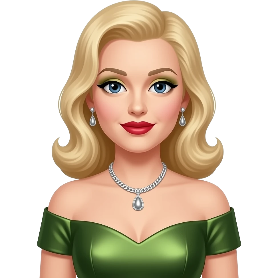 Patty Andrews from The Andrews Sisters with dark blue eyes, long blonde hair, olive eyeshadow, red lipstick, olive metallic off shoulder dress, silver necklace and earrings emoji