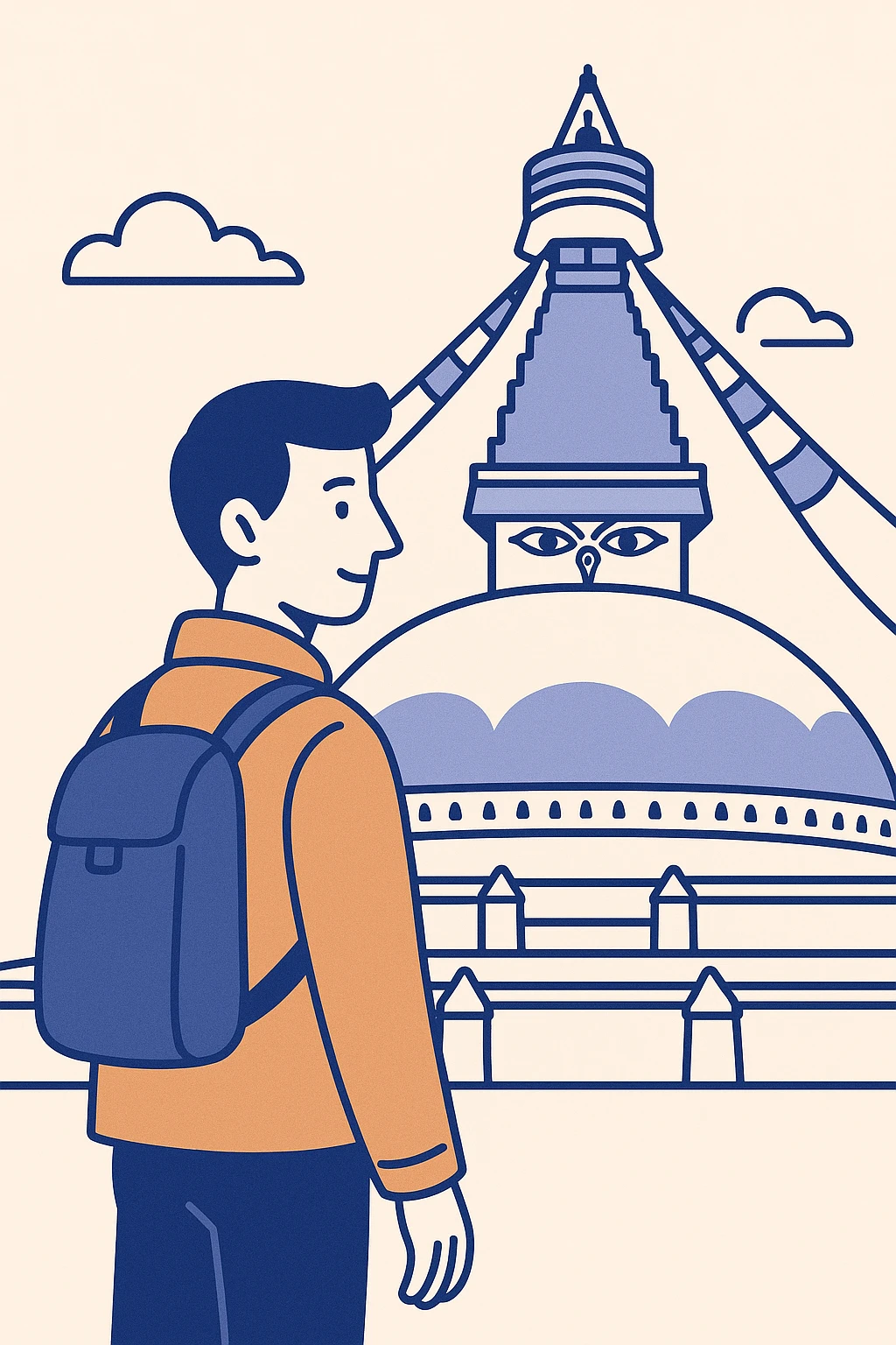 minimalist design of a man in an orange jacket with a backpack, standing in front of Boudhanath Stupa in Kathmandu, city tour, cultural landmark emoji