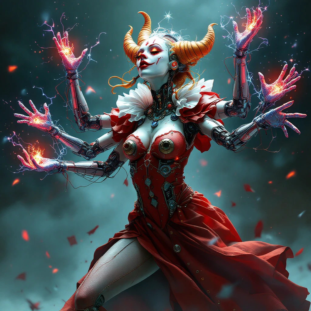 Render the cybernetic clown sorceress with four arms in a new dynamic action pose, very well lit with bright highlights and clear details, emphasizing movement, spellcasting energy, and dramatic lighting. Blend features from all provided references. emoji