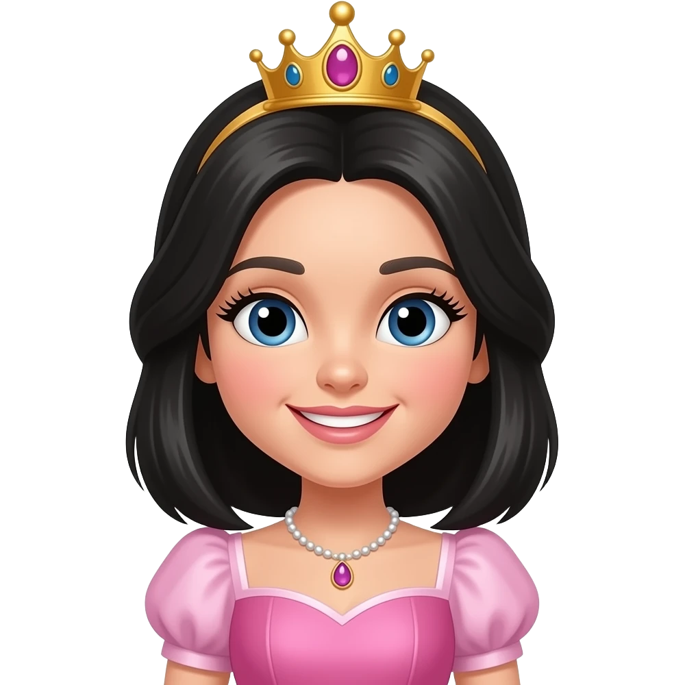 Gere um emoj de uma linda princesa de pele clara,cabelo médio na altura do ombro,,liso,preto, sorrindo. Ela possui cilios grandes com extensao de cilios, ela esta vestida com um vestido rosa, e uma linda coroa na cabeça emoji