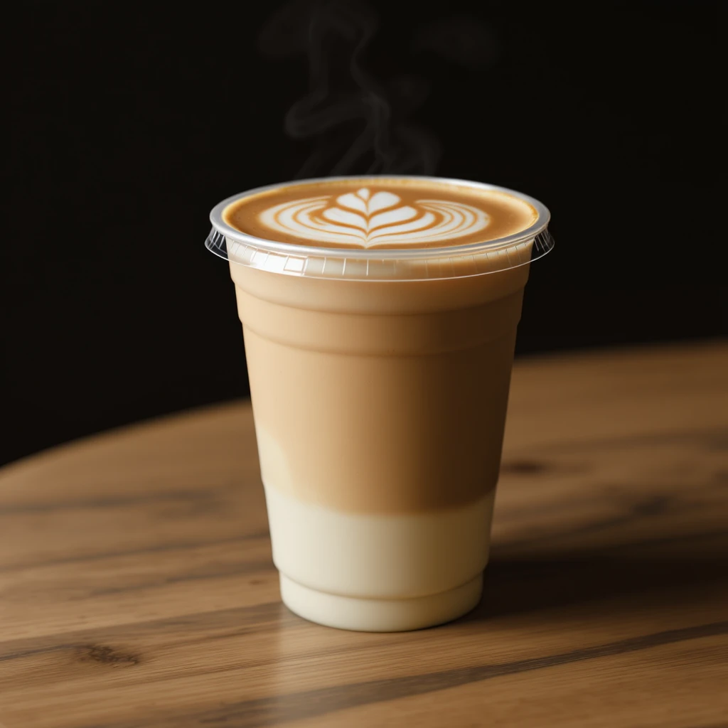hot latte with frothy foam in a transparent plastic cup, to-go style, minimal background emoji