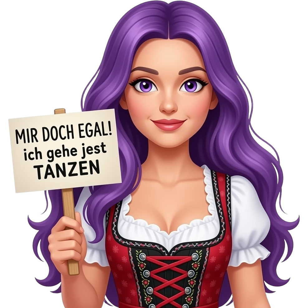 sexy girl with long purple hair and purple eyes wearing a dirndl holding a MIR DOCH EGAL! Ich gehe jetzt TANZEN sign emoji