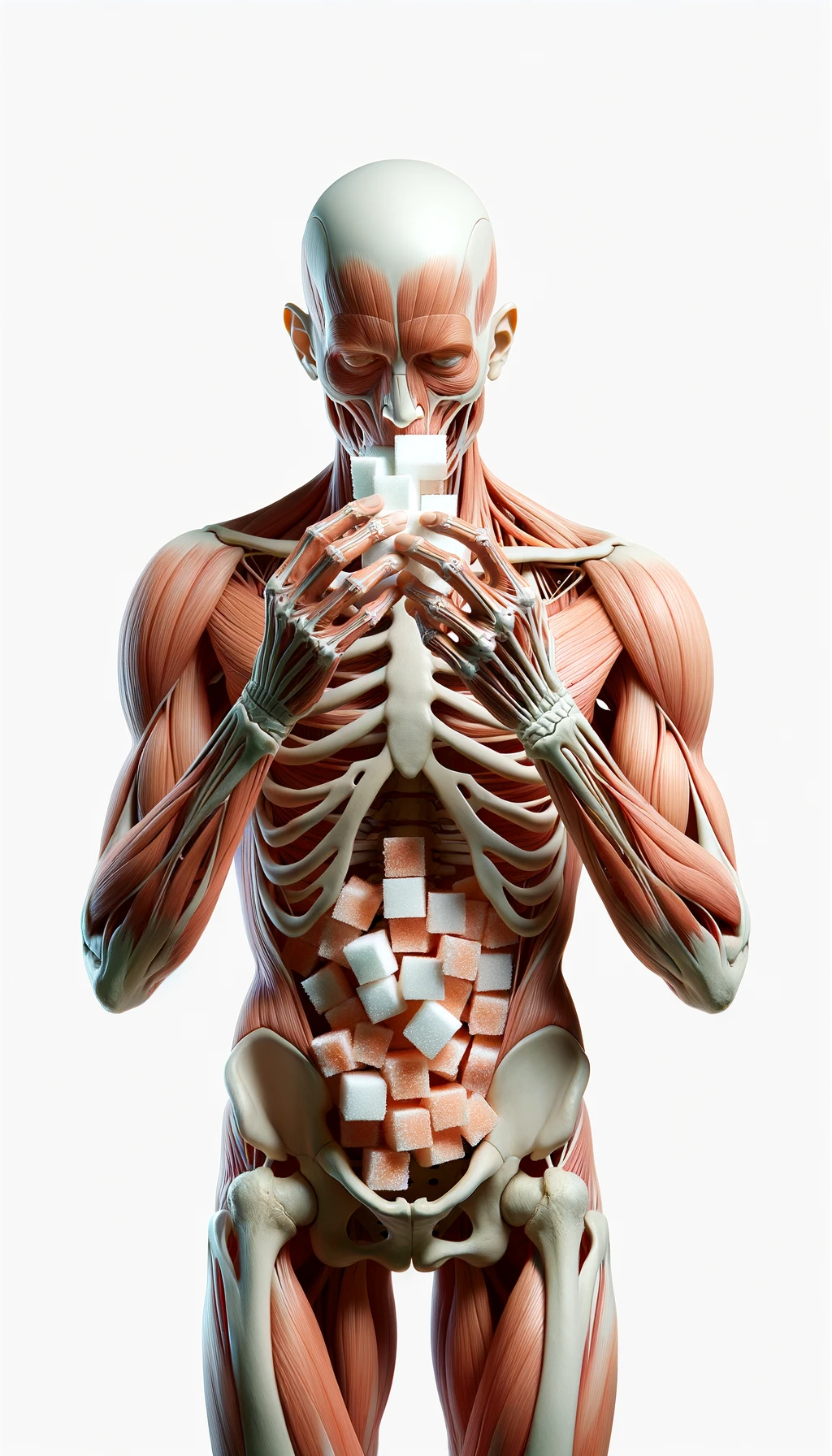 corpo umano anatomico in piedi a figura intera che mangia zollette di zucchero, posa frontale, iperrealistico 4k, isolato su sfondo bianco emoji