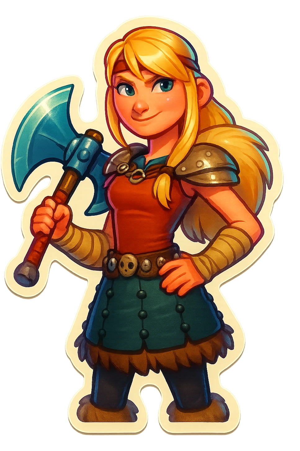 Astrid holding her axe, confident pose, sticker style, inspired by How to Train Your Dragon emoji