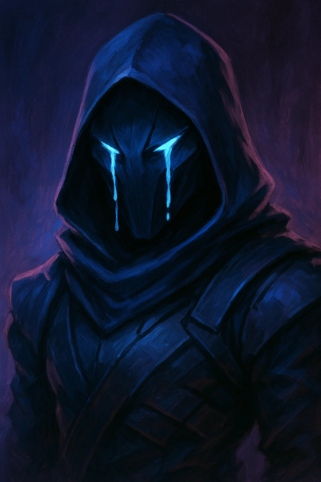 Valorant Omen with tears streaming down mask, stylized, dramatic lighting, blue and purple tones emoji