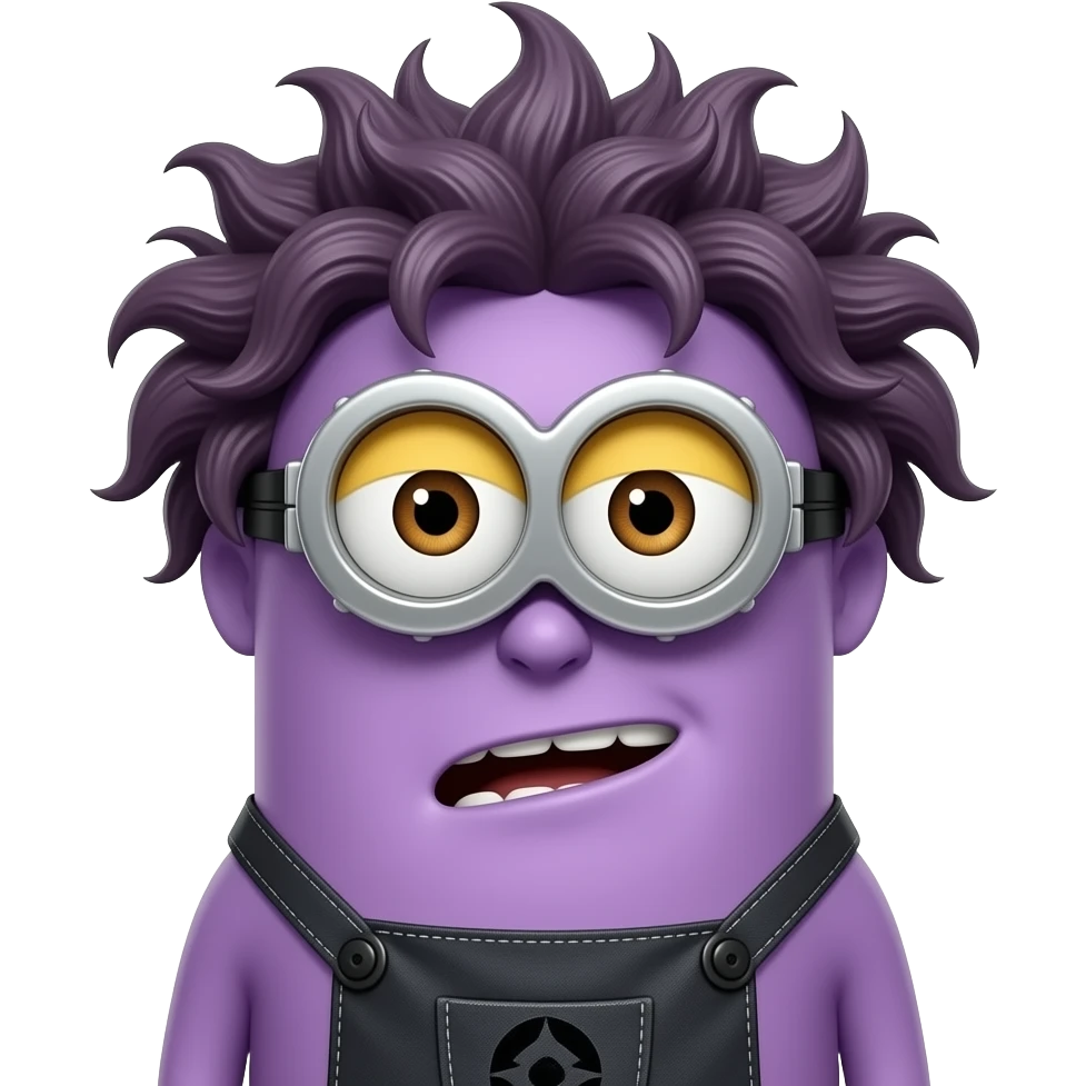 evil minion  (purple) , with overalls (color black) and with the hair disheveled and wild, and purple in color but a little lighter But it's quite disheveled; all his hair sticks up in a puffy, troll-like style.- from the movie desplicable me 2 emoji