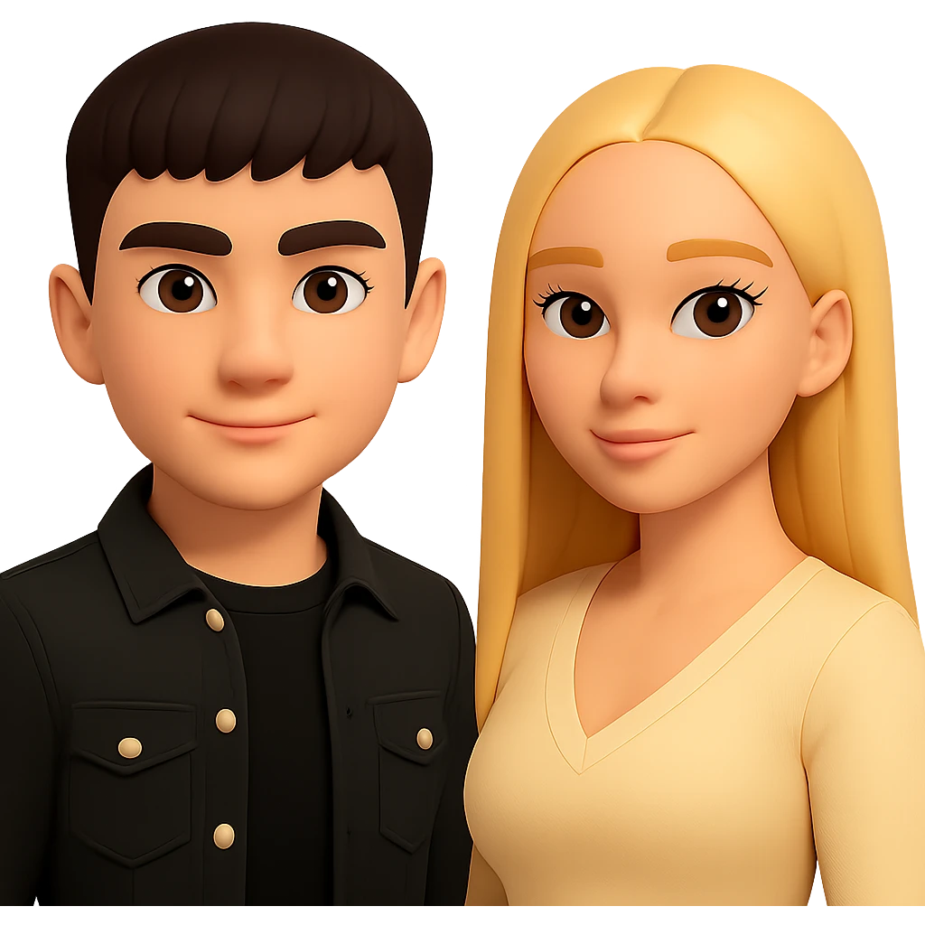 Slightly increase the volume of the upper body of the girl, separate the girl and the boy from each other, make the skin color the same for both. Maintain the cartoonish 3D style and keep the background transparent. The original style is cartoonish 3D. emoji