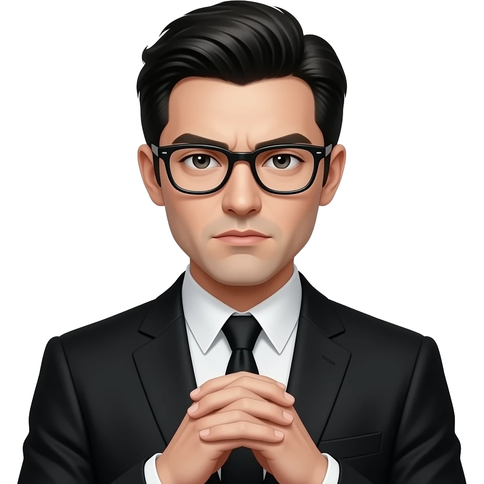 Man with dark hair and black glasses, black suit and serious expression presswith is fingers touching each other. Gothic emoji