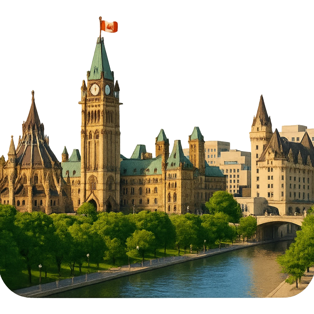 cinematic, realistic emoji of Ottawa skyline with iconic landmarks such as Parliament Hill, the Peace Tower, and the Rideau Canal, lifelike detail, accurate colors, bright lighting, wide city view, fully transparent background emoji
