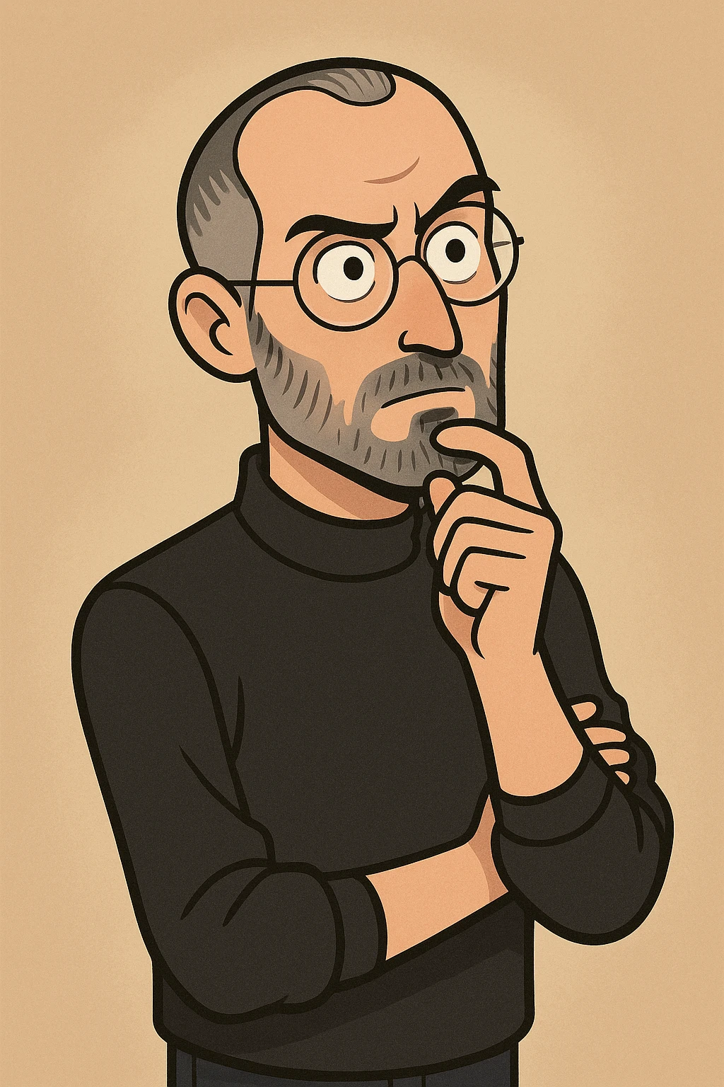 Steve Jobs, thinking pose, hand on chin, creative aura emoji
