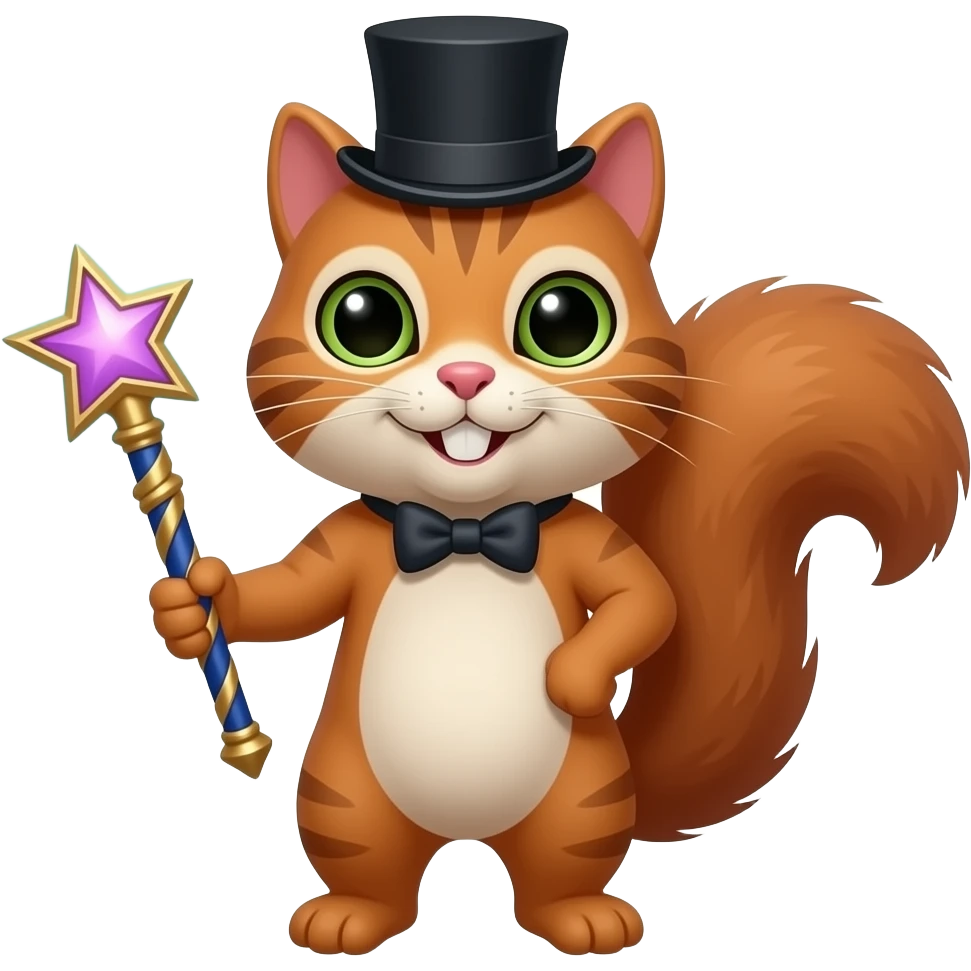 A cat head with a squirrel body, a magic tool, and a top hat and bow tie. emoji