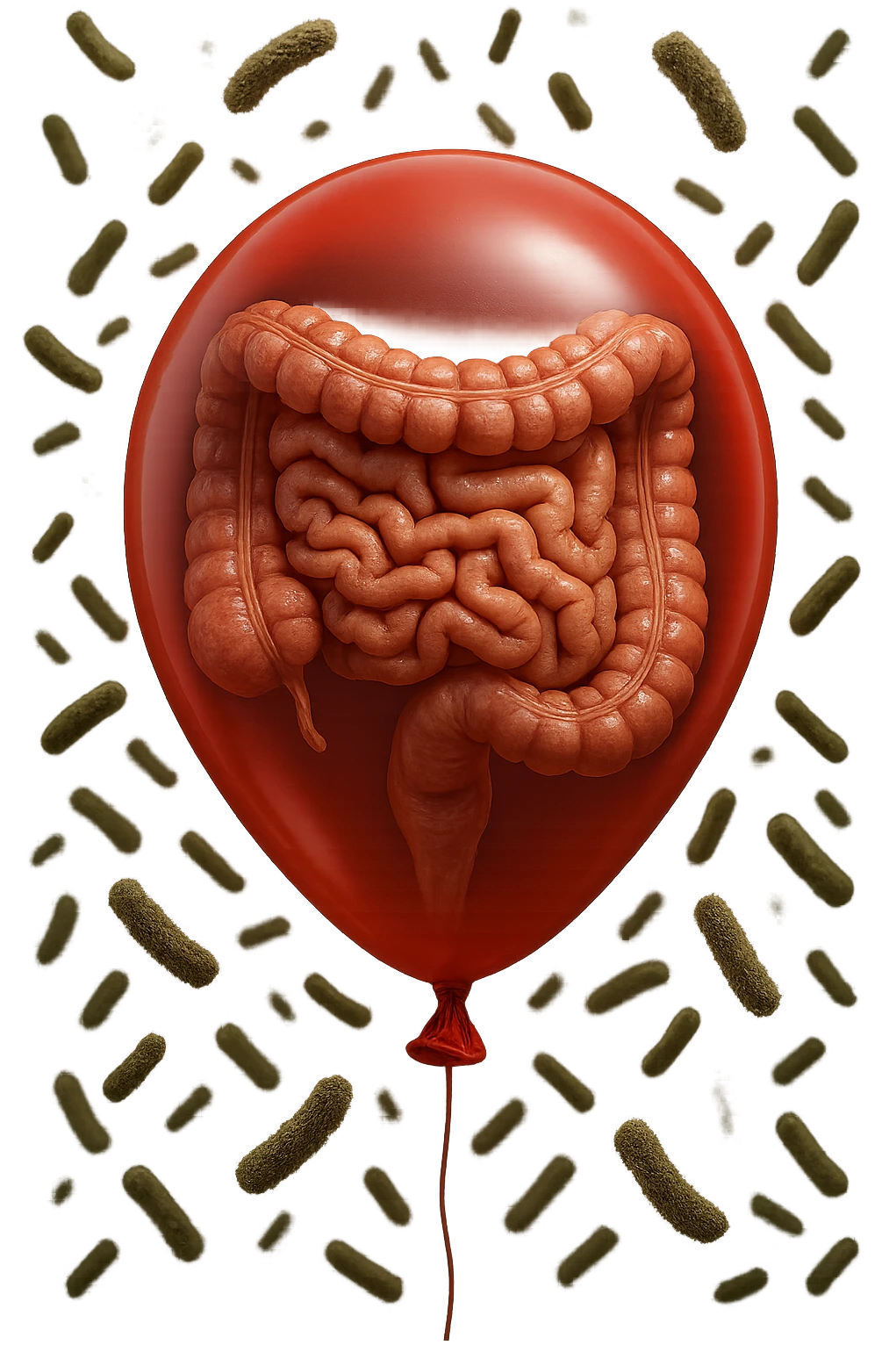 intestino umano anatomico chiuso in un palloncino rosso con batteri intestinali che fluttuano intorno, iperrealistico 4k emoji