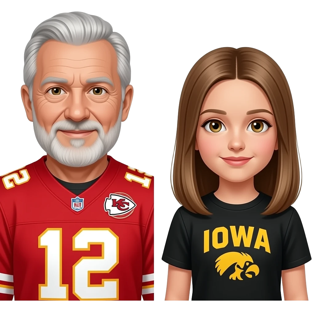 Can you make an old man with a chiefs shirt on and a girl with light straight brown hair with hazel eyes in a Iowa Hawkeyes shirt emoji