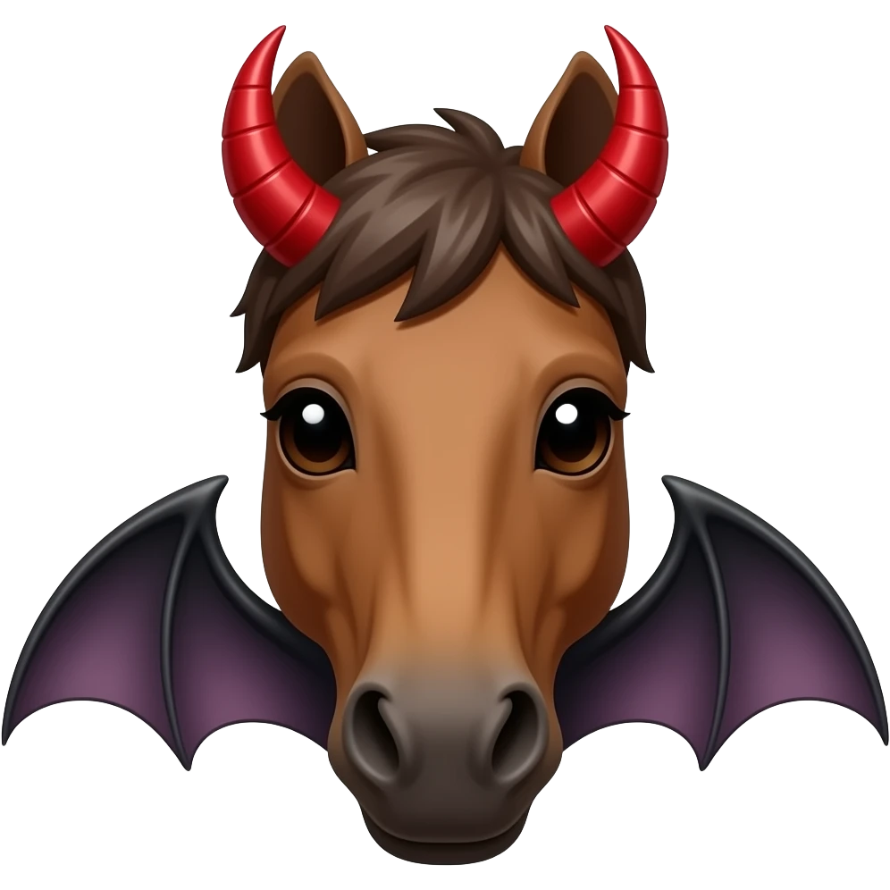 brown horse with face close up front view red devil horns and bat wings emoji