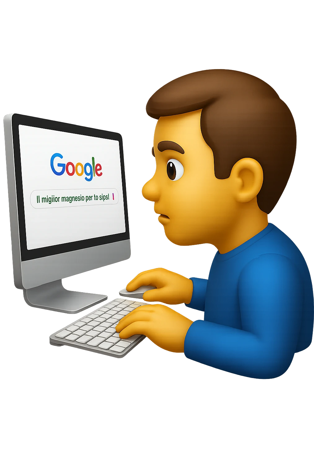 emoji stile iphone di un uomo davanti al pc che cerca di google: "Il miglior magnesio per la stipsi", iperrealistico 4k emoji