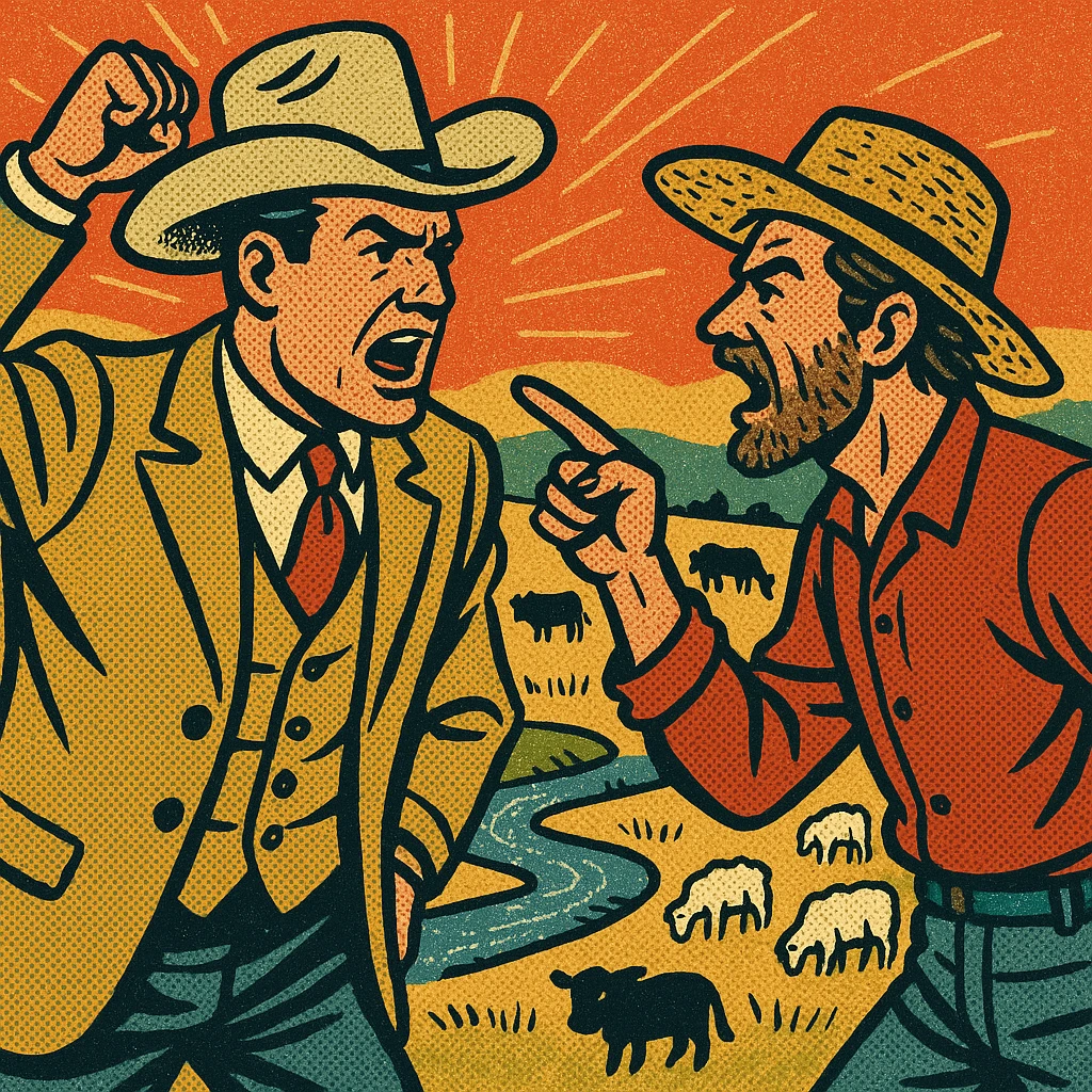 The full bodies of a wealthy male cattle ranch owner wearing a cowboy hat in a heated argument with a homesteader in the American West.  The background shows land with grazing cattle and sheep with a small stream. emoji