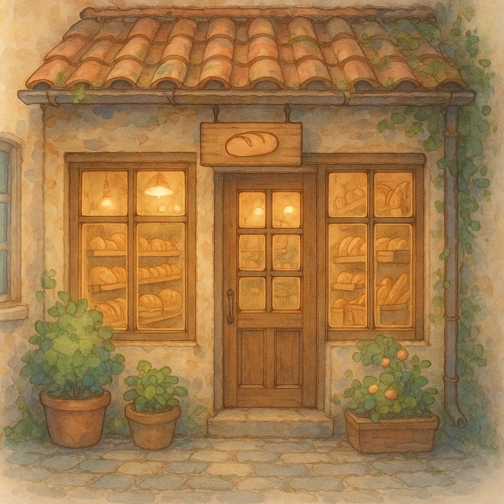 a bakery storefront emoji in ghibli style, cozy and charming emoji