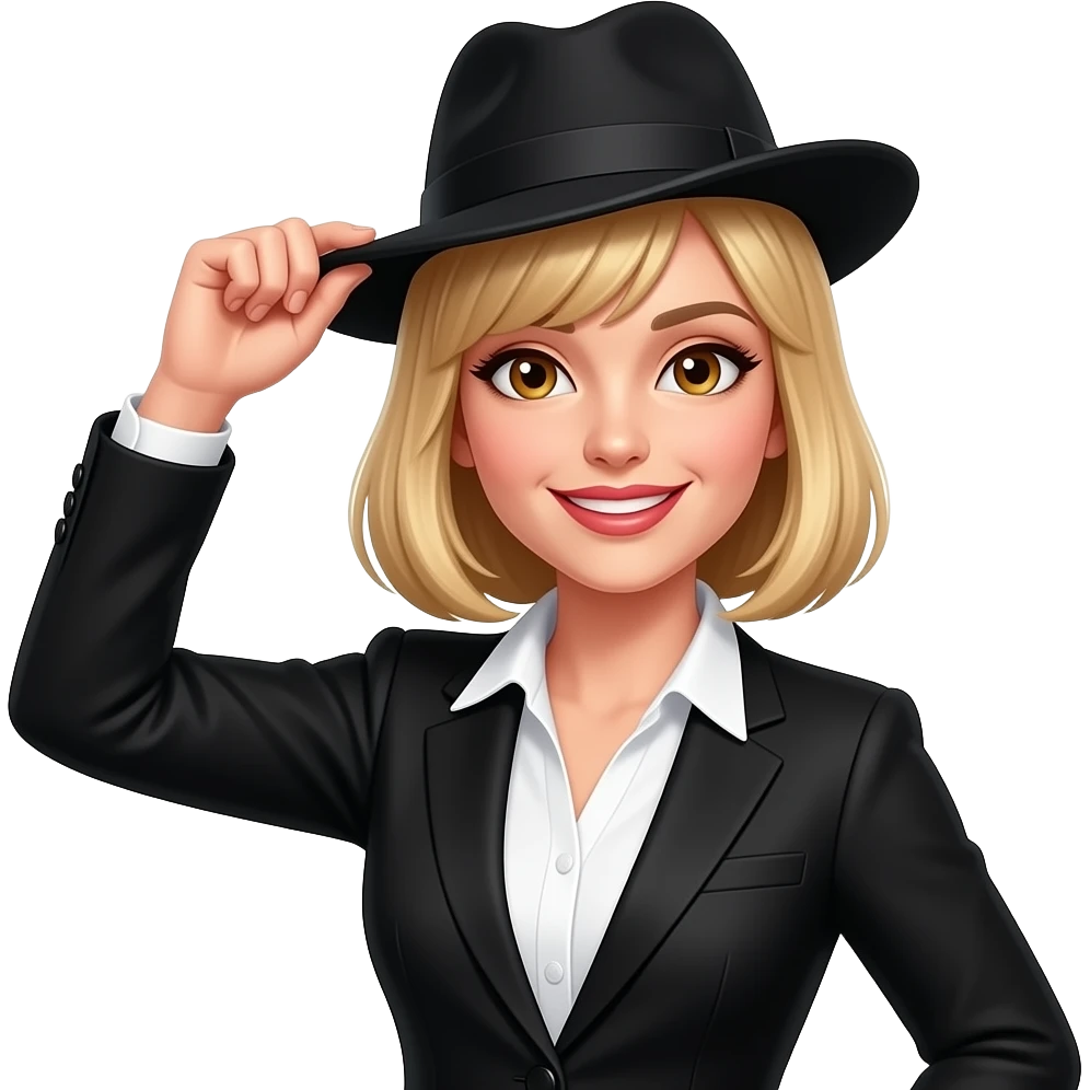 blond woman tipping hat wearing sophisticated woman's clothes add bangs knowing smile hazel eyes emoji